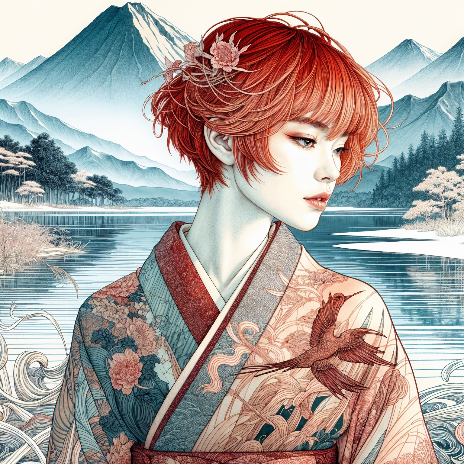 Portrait of a Young Woman in a Kimono by a Lake