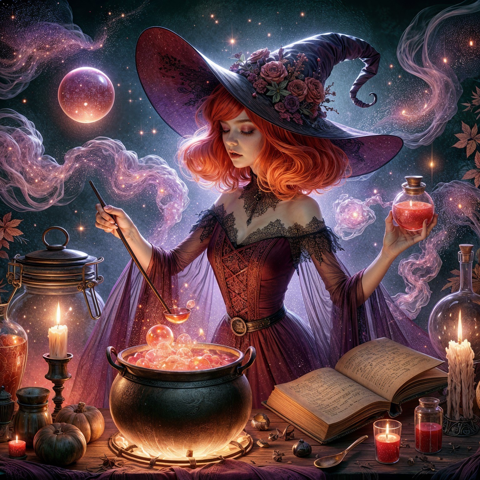 Witch in Purple Gown Stirring Cauldron in Mystical Setting