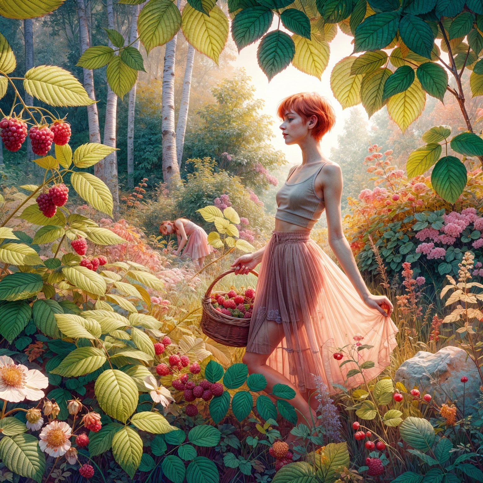 Ethereal Figures Harvesting Raspberries in Garden
