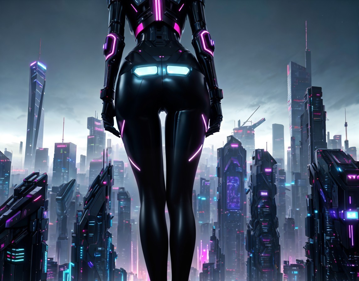 Futuristic Figure in Neon-Lit Cyberpunk Cityscape
