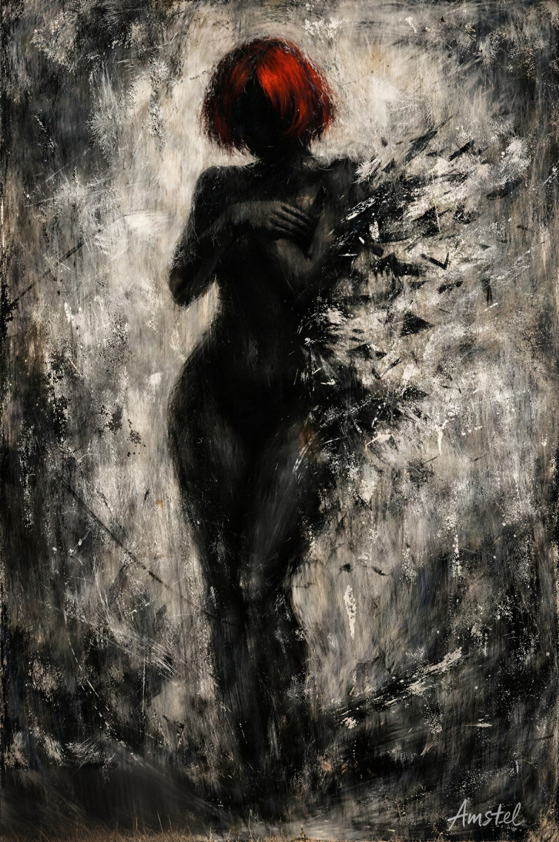 Nude Woman in Black and White Abstract Painting