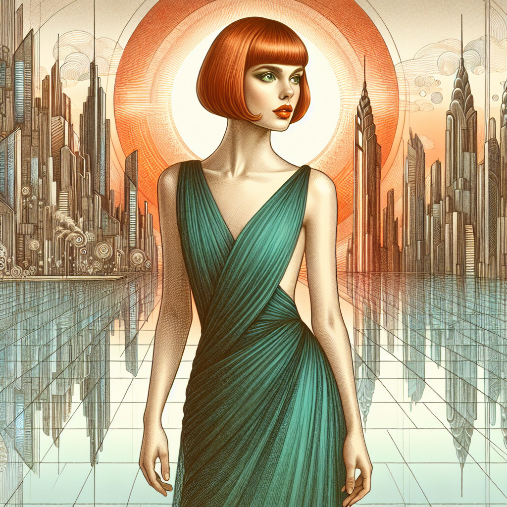 Futuristic cityscape with a woman in a teal gown