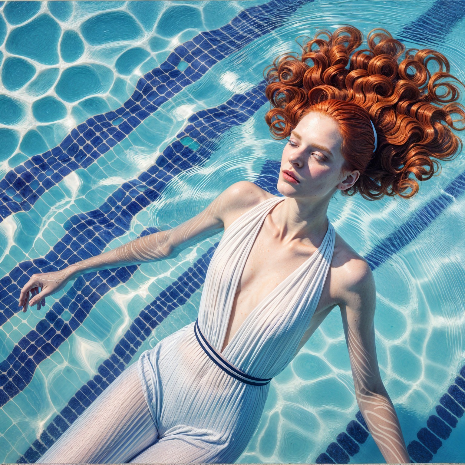Woman with Curly Red Hair in Clear Blue Pool