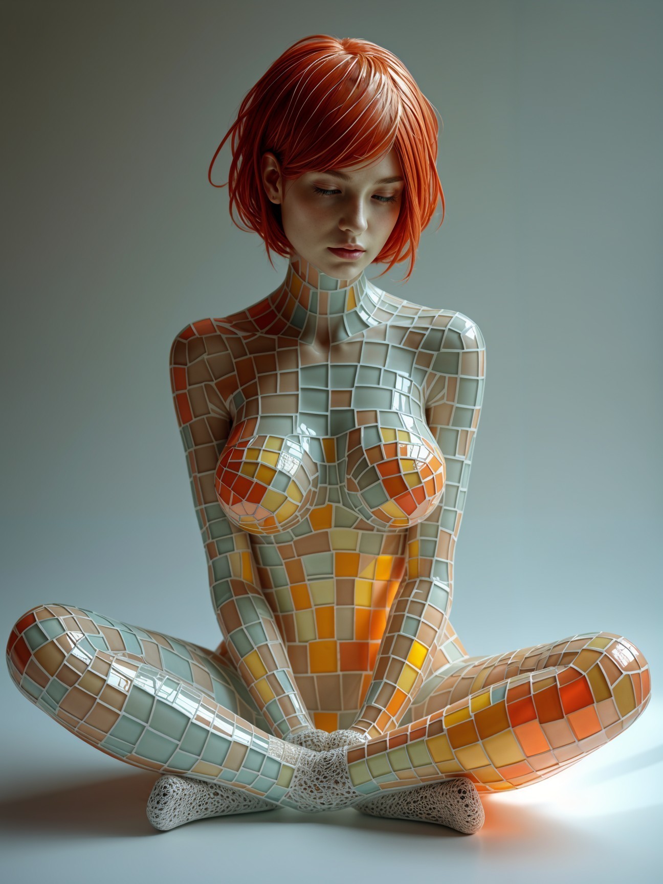 Meditative Figure Covered in Colorful Mosaic Tiles