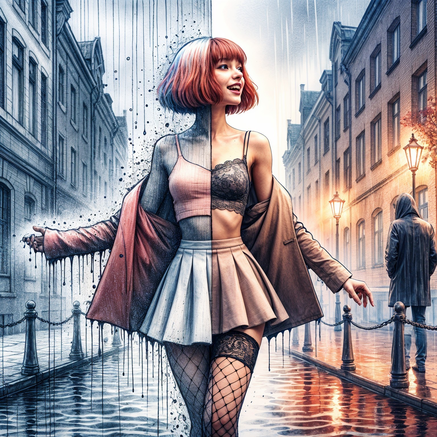 Illustration of Duality: Vibrant Woman vs. Dark Alley