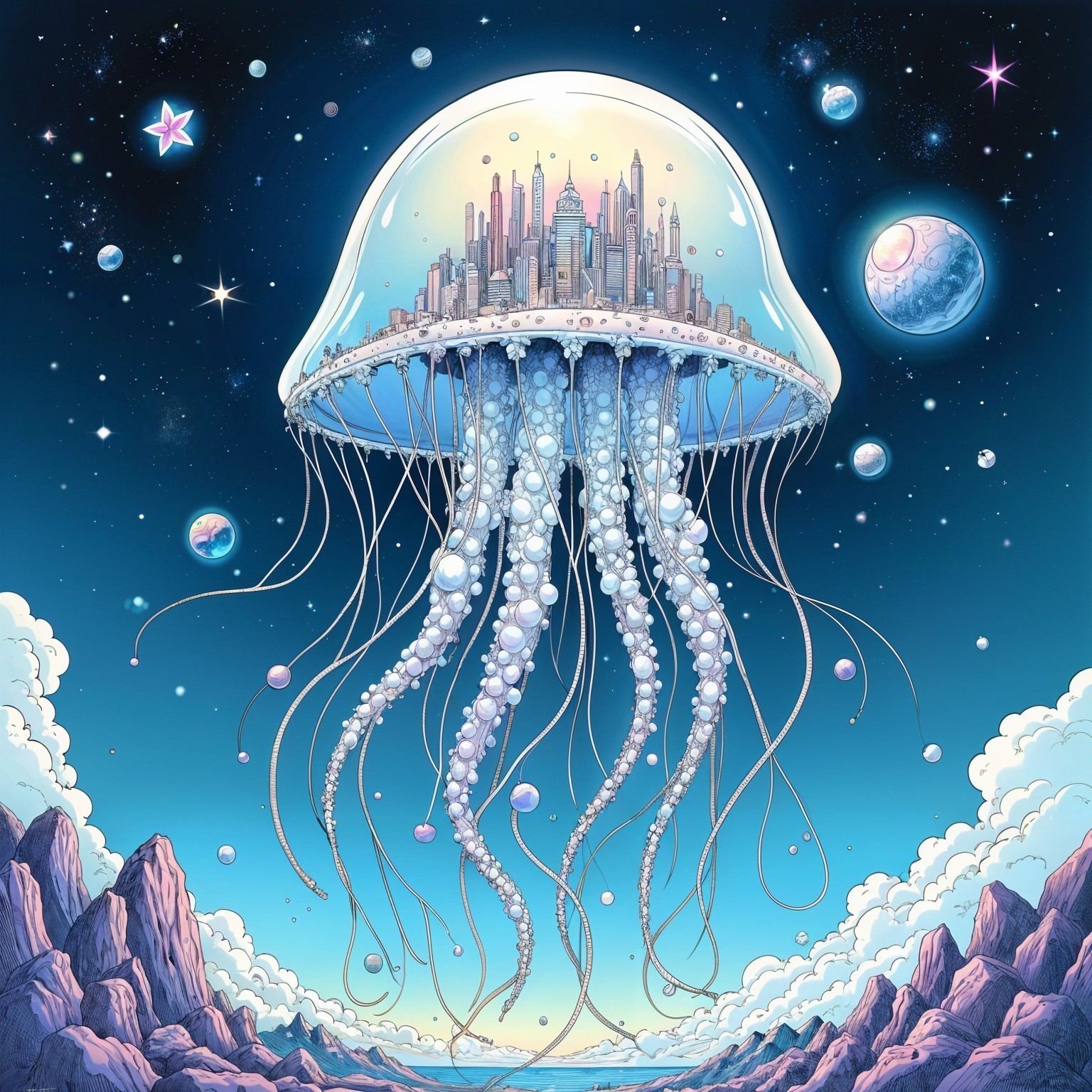 Giant Jellyfish with Cityscape in Cosmic Scene