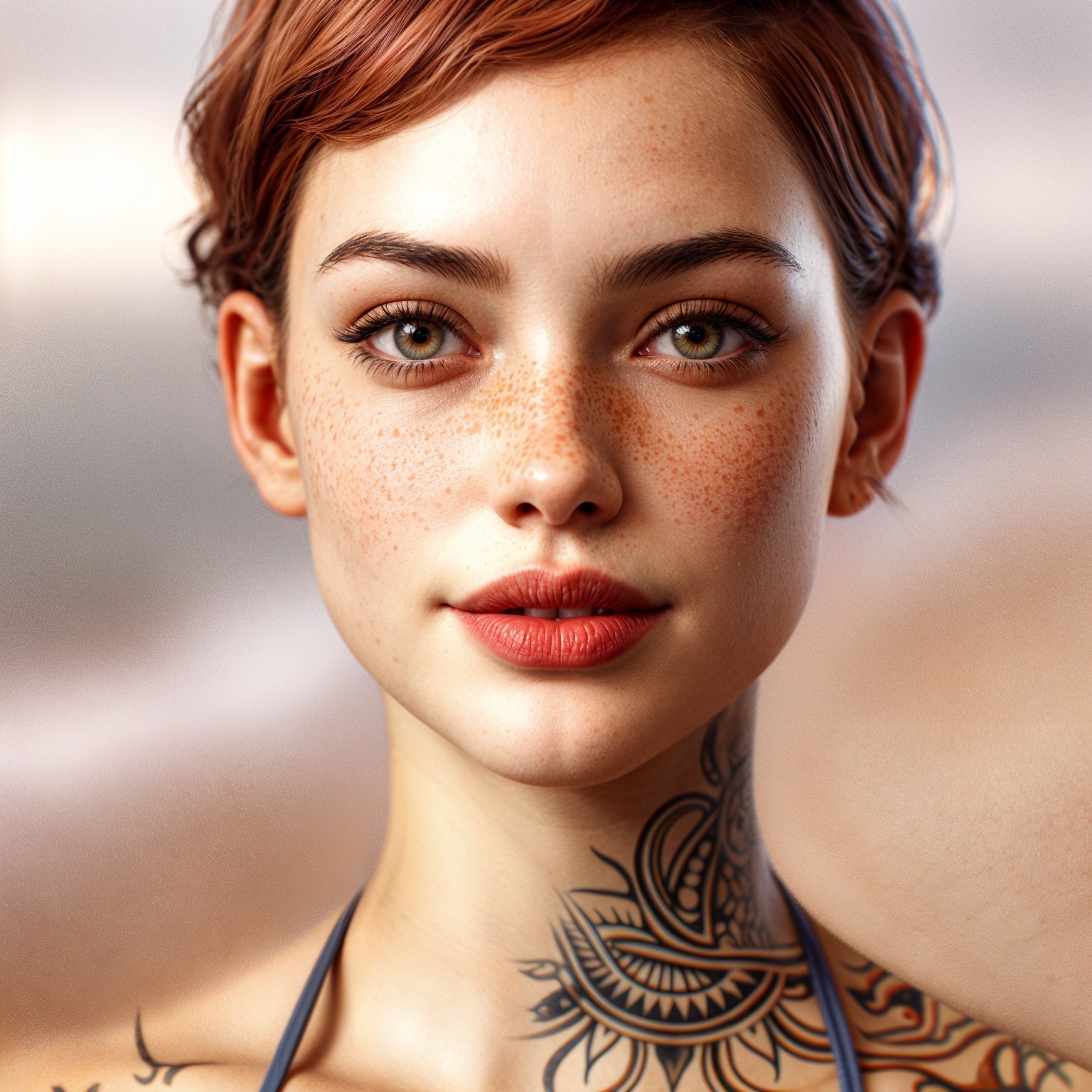 Young woman with auburn hair and mandala tattoo