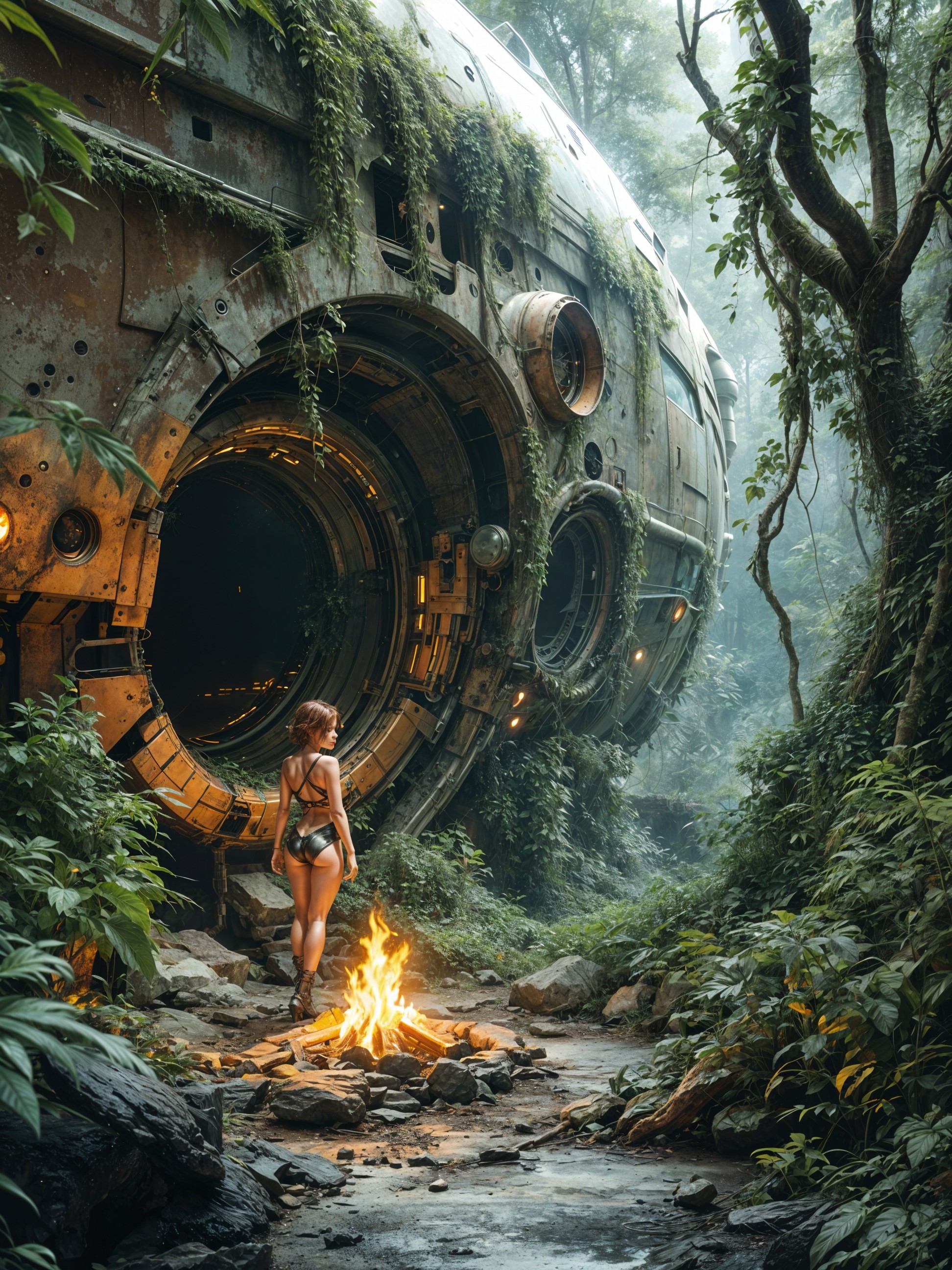 Futuristic spacecraft in a lush jungle setting