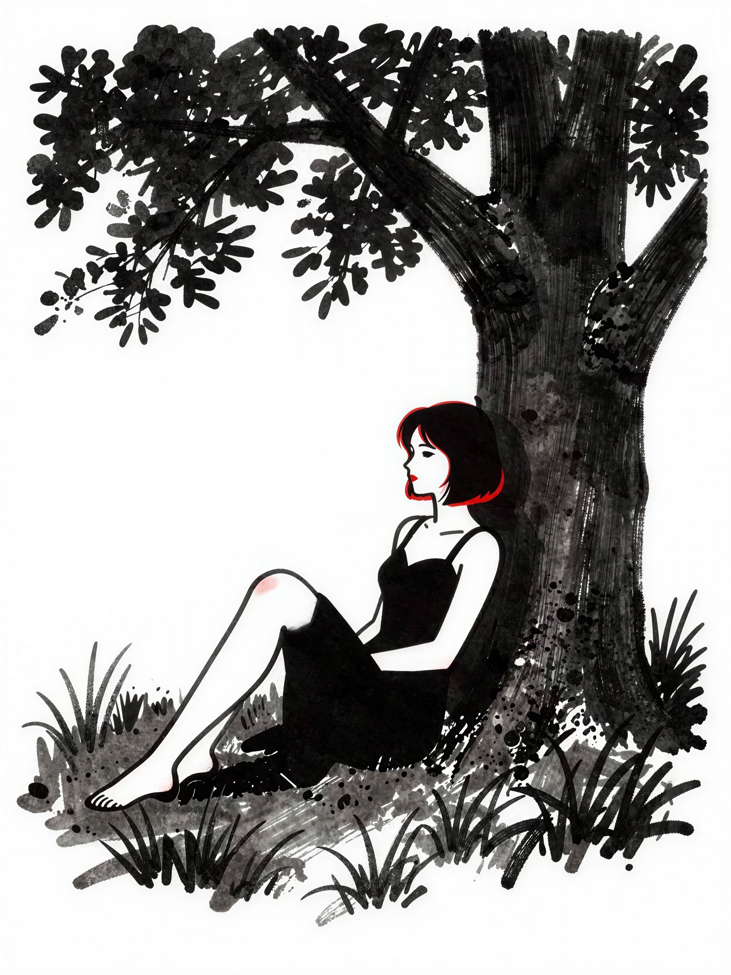 Minimalist ink drawing of a woman by a tree