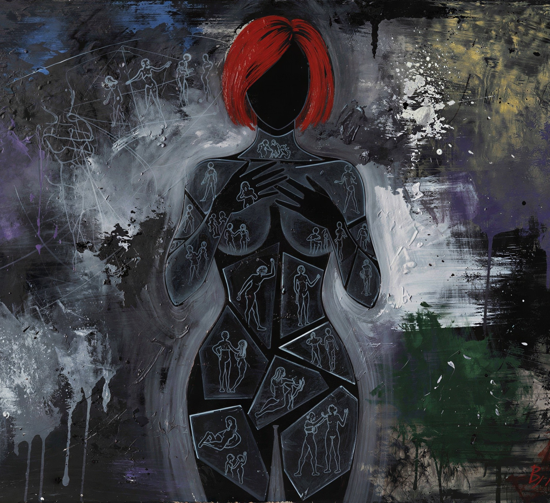 Mixed Media Painting of Faceless Woman with Figures