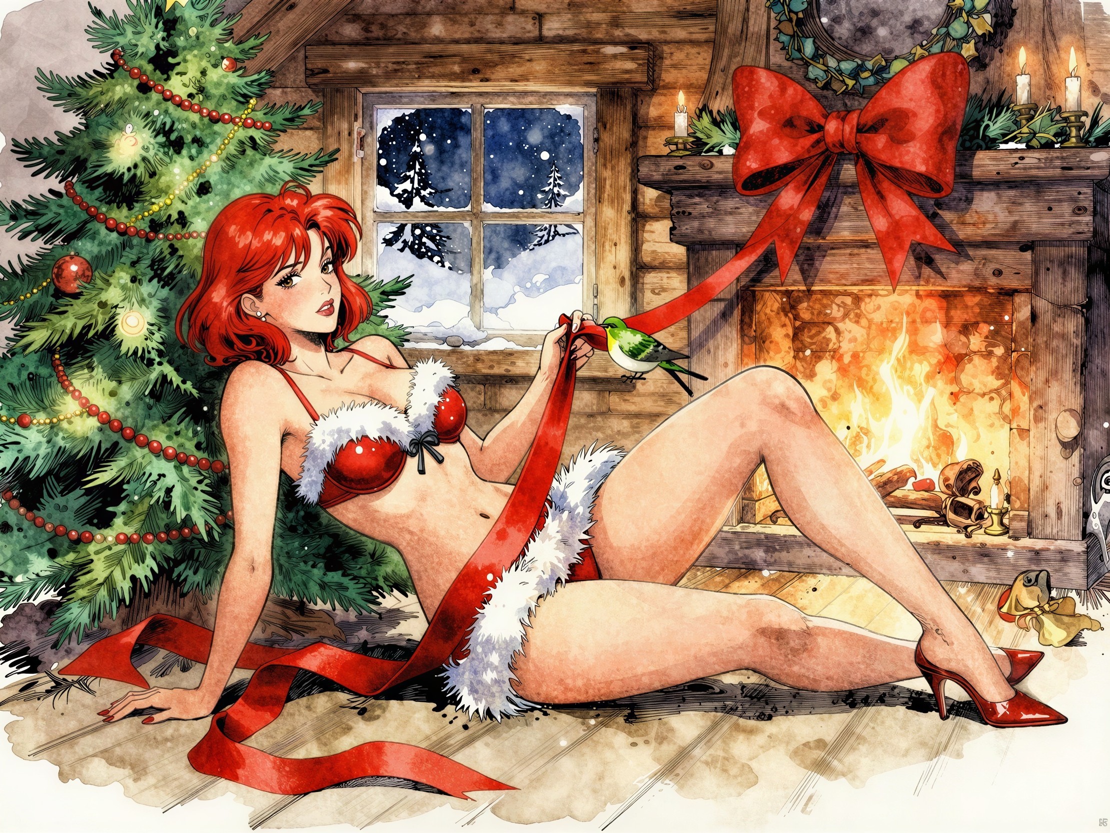 Christmas Watercolor of Woman by Fireplace with Ribbon