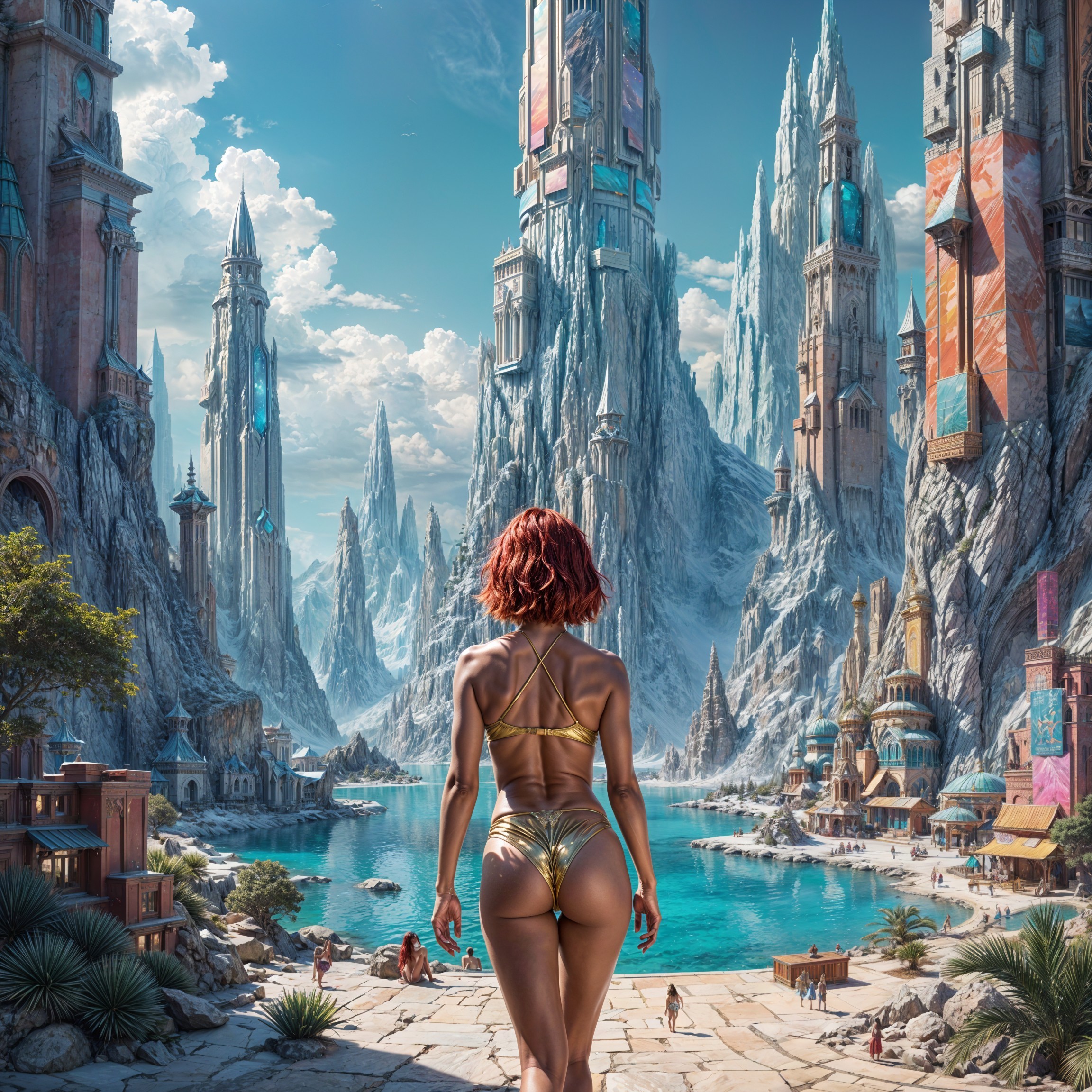 Golden Bikini Figure by Turquoise Lake and Mountains