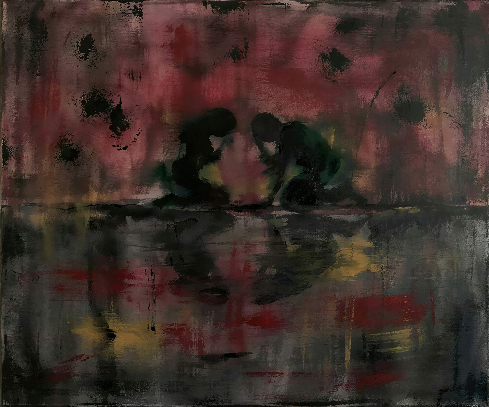 Impressionistic Oil Painting of Kneeling Figures by Water