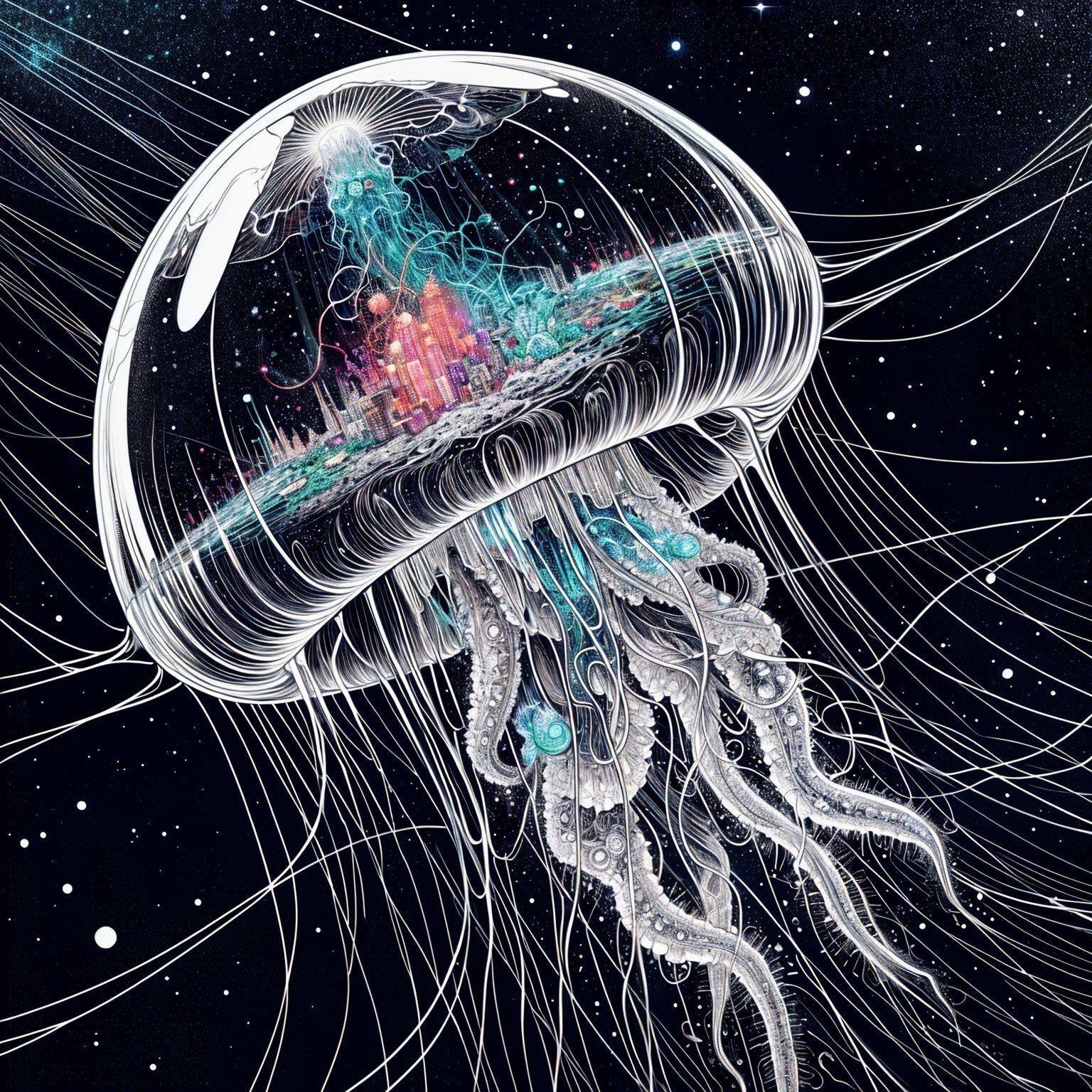 Jellyfish in a Cosmic Cityscape with Ethereal Elements