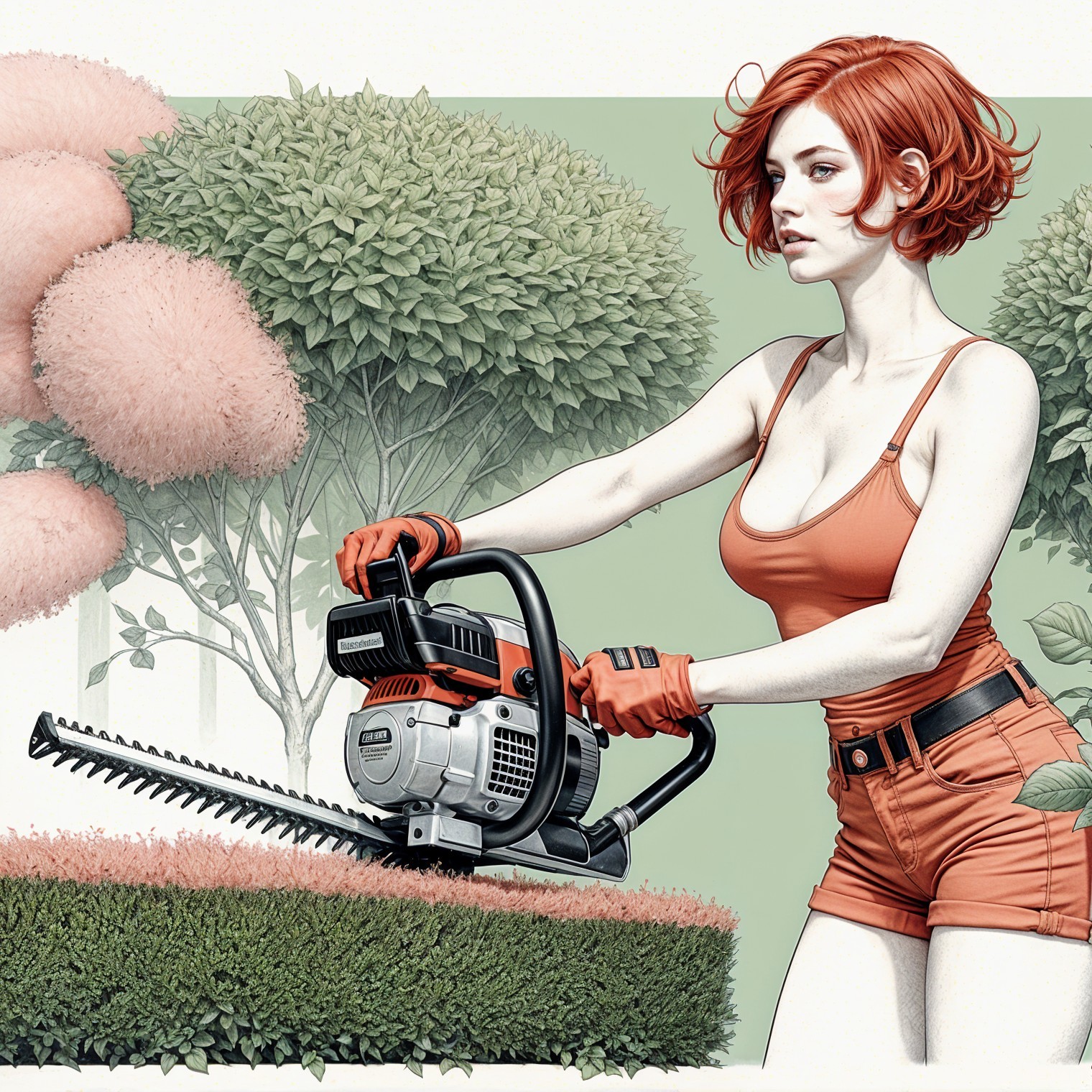 Vibrant Illustration of Woman Gardening with Hedge Trimmer