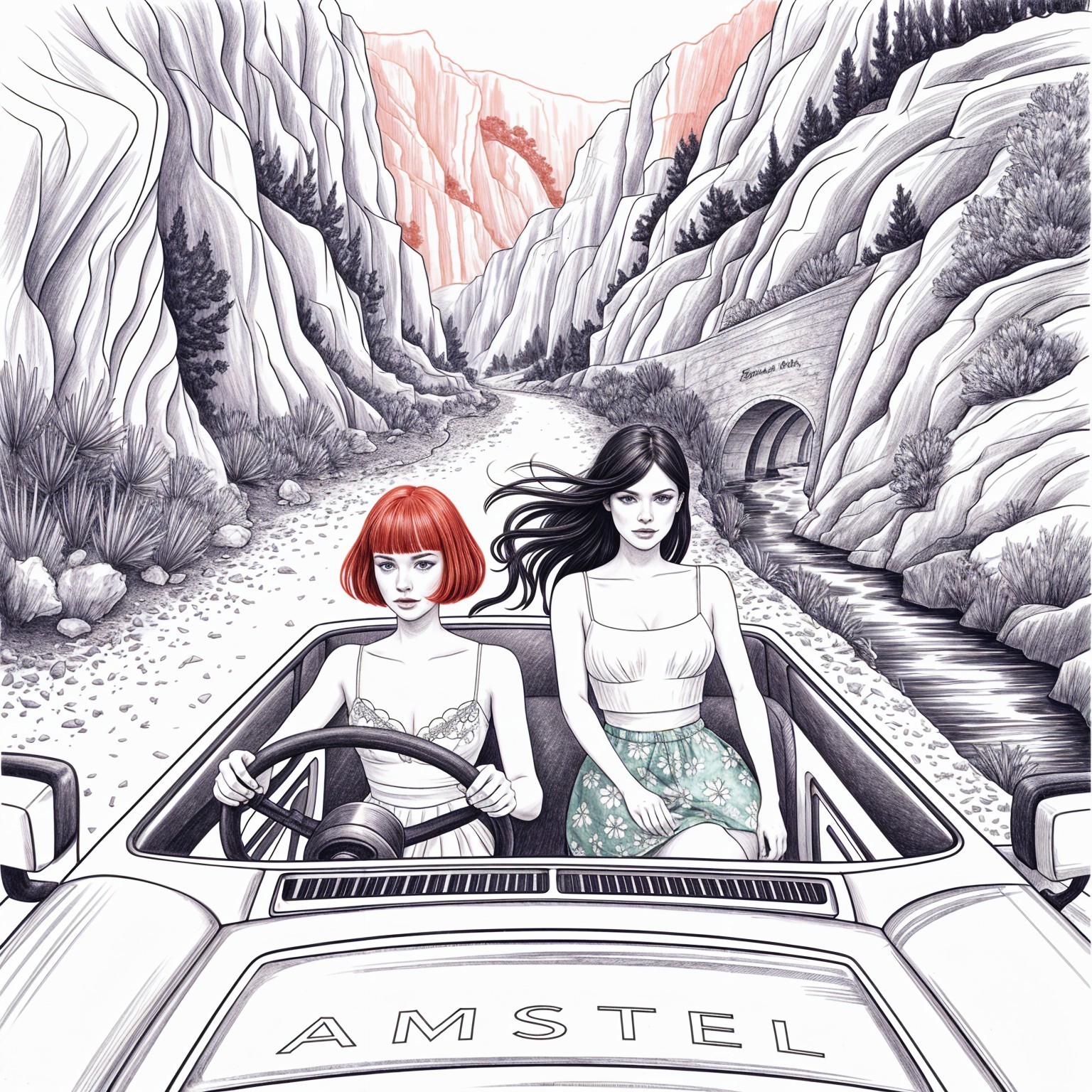 Monochrome Illustration of Women Driving in Canyon