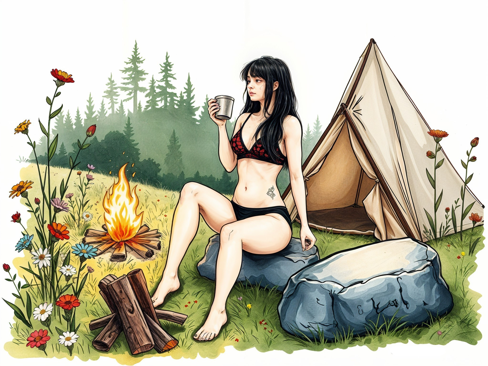 Woman by Campfire in Bikini with Tent and Meadow