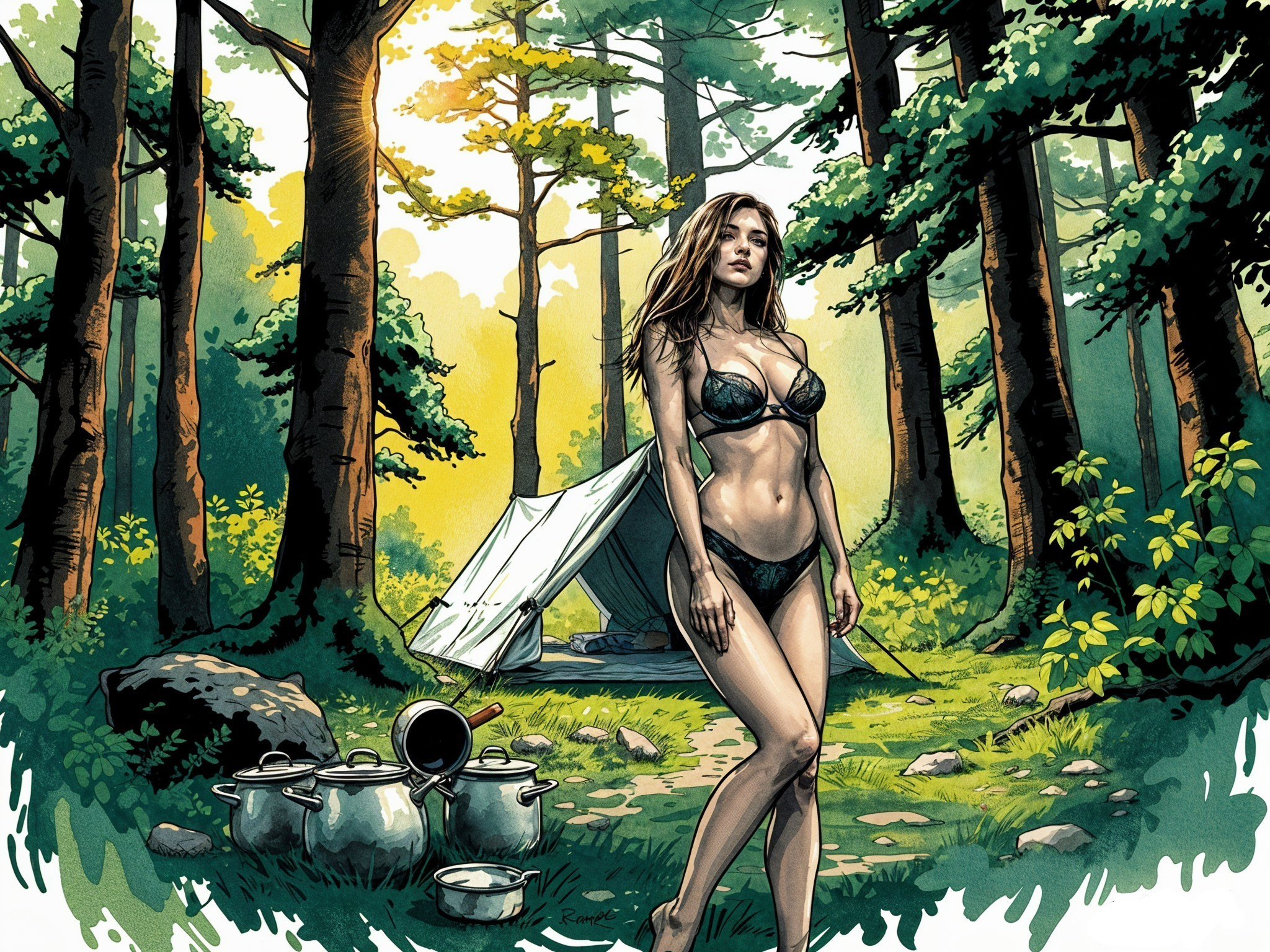 Woman in Bikini in Forest Clearing with Camping Site
