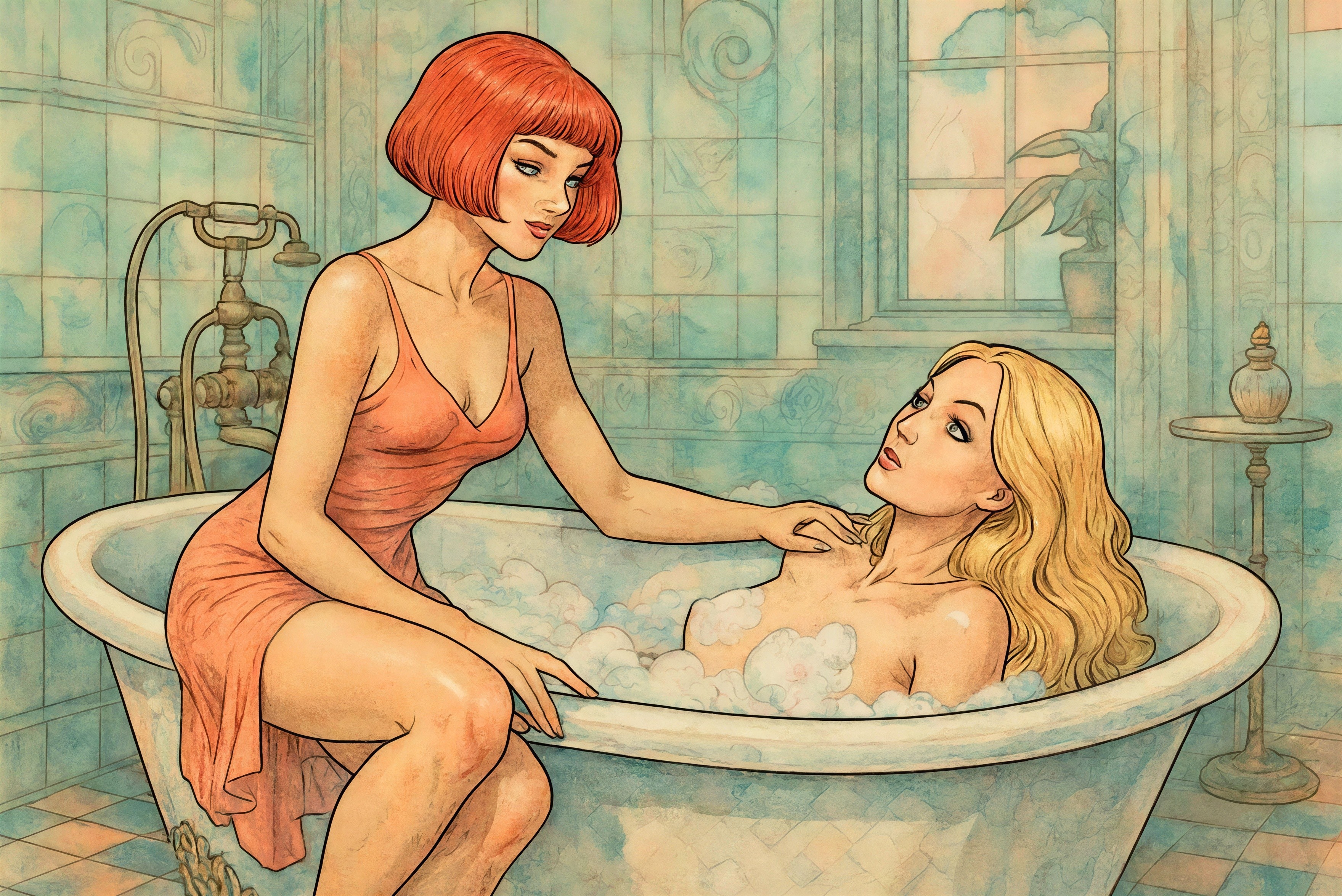 Watercolor illustration of women in vintage bathroom scene