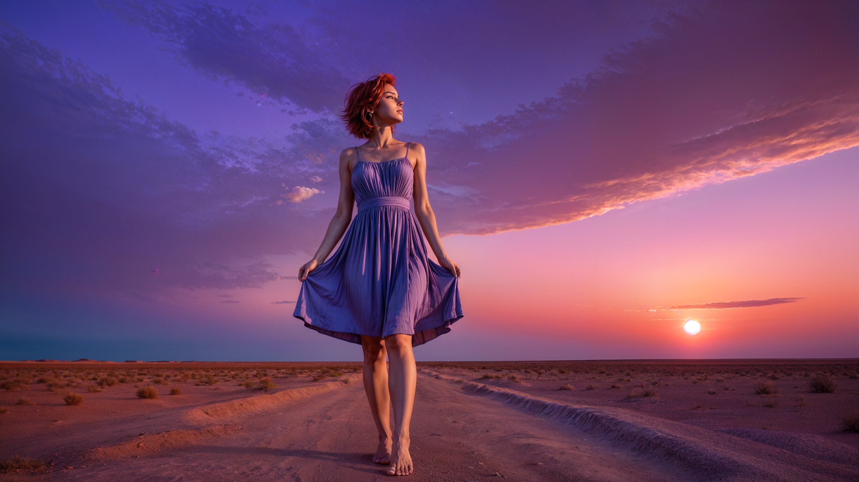 Woman in Purple Dress on Sandy Path at Sunset