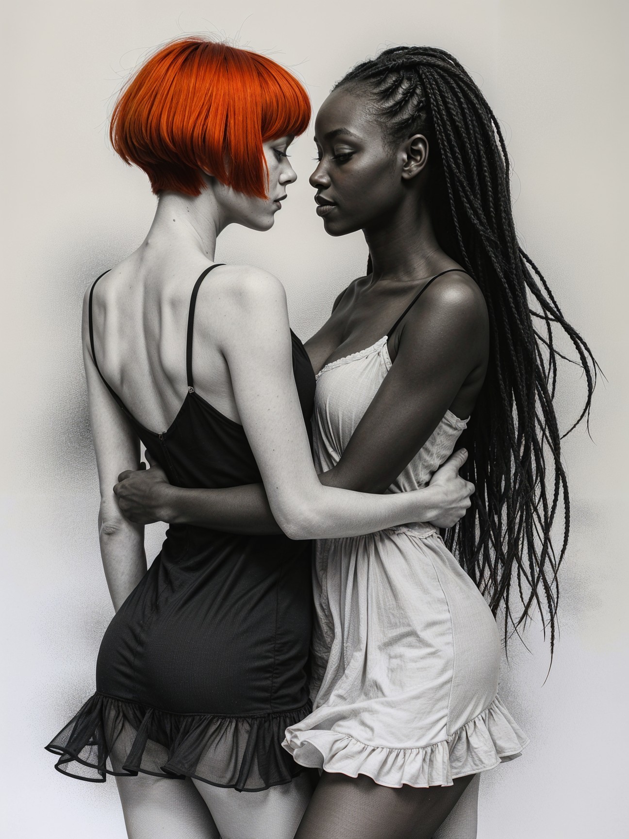 Black and White Portrait of Two Embracing Women