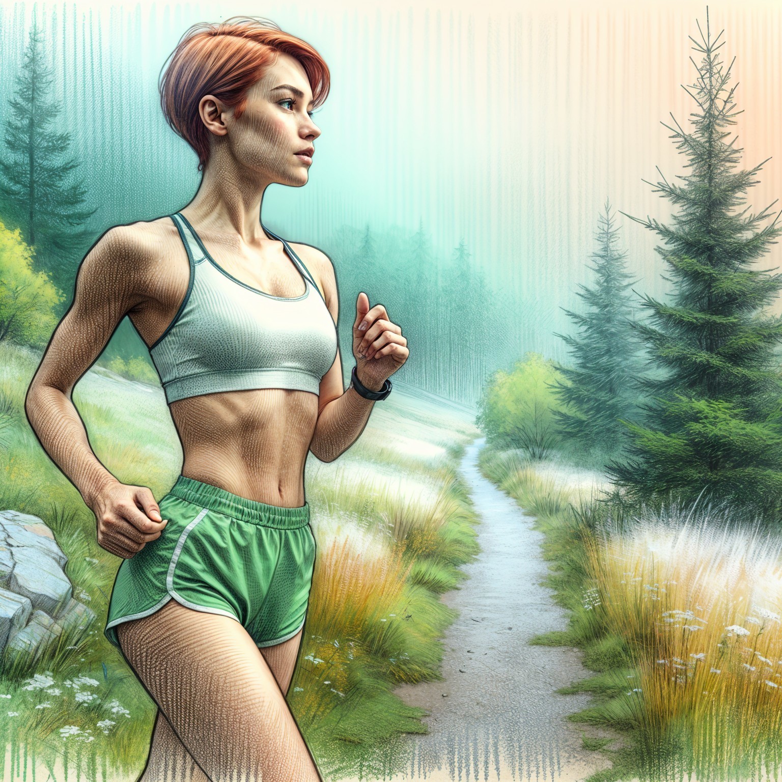 Jogging in a Misty Forest Path with Lush Greenery