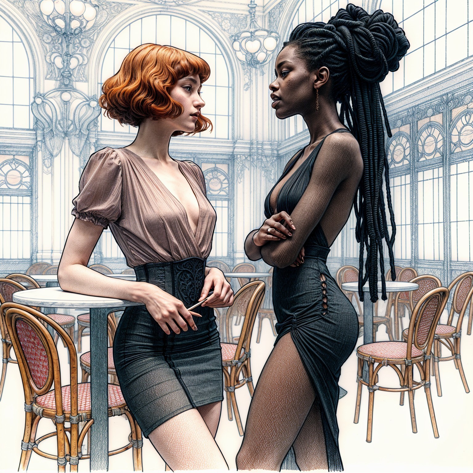 Stylish Women in Elegant Café with Chic Fashion