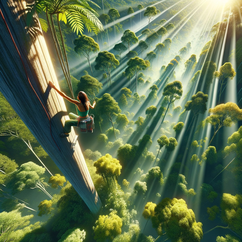 Climber Ascending a Giant Tree in a Rainforest