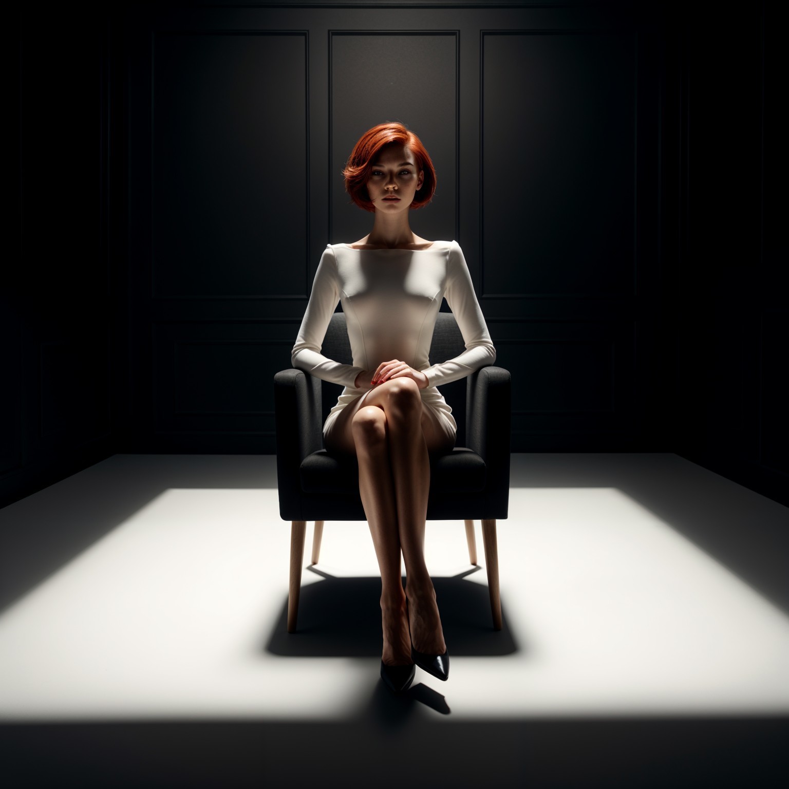 Confident Woman in White Dress Against Dark Backdrop