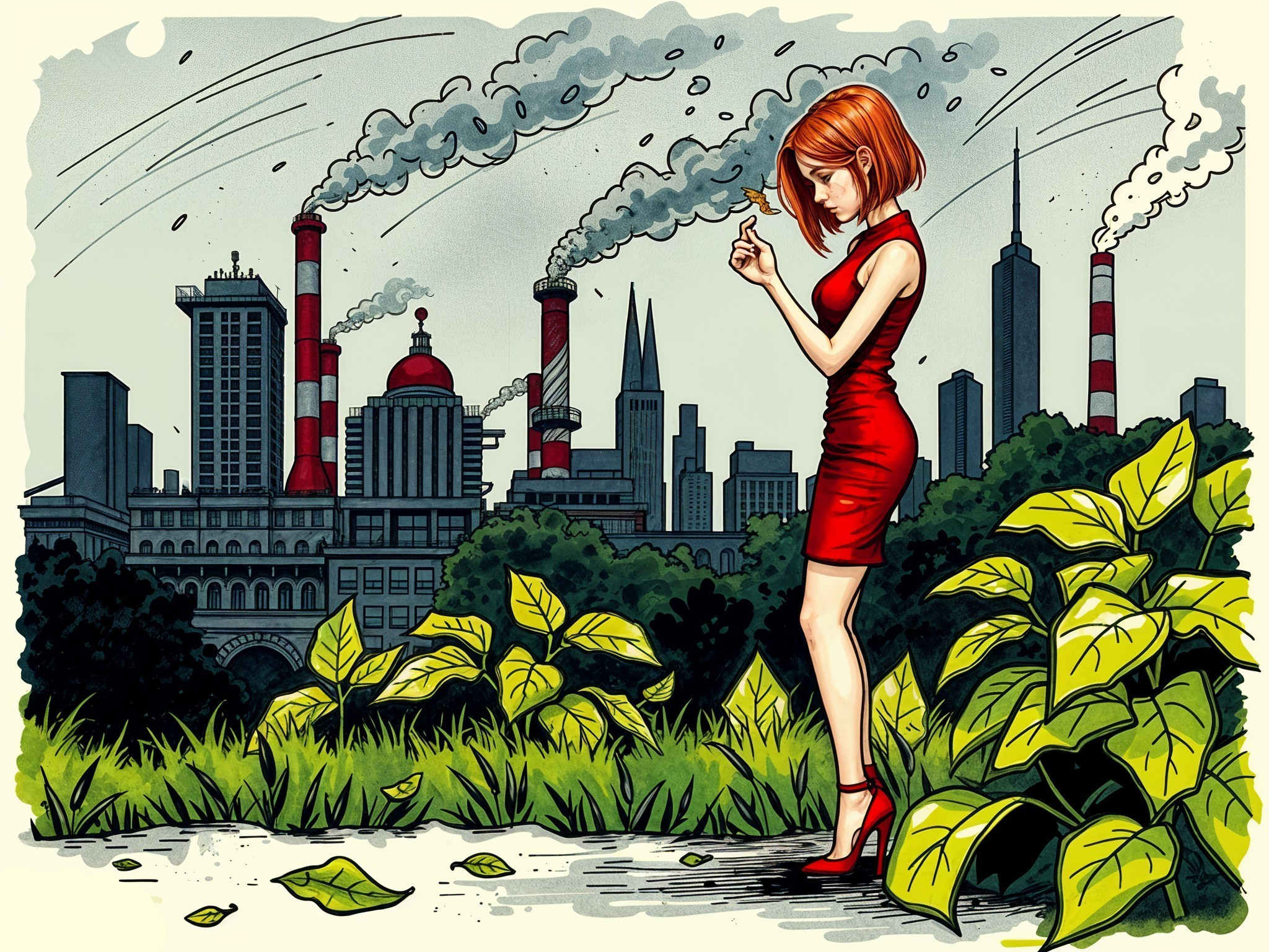 Woman in Red Dress Against Urban Skyline and Nature