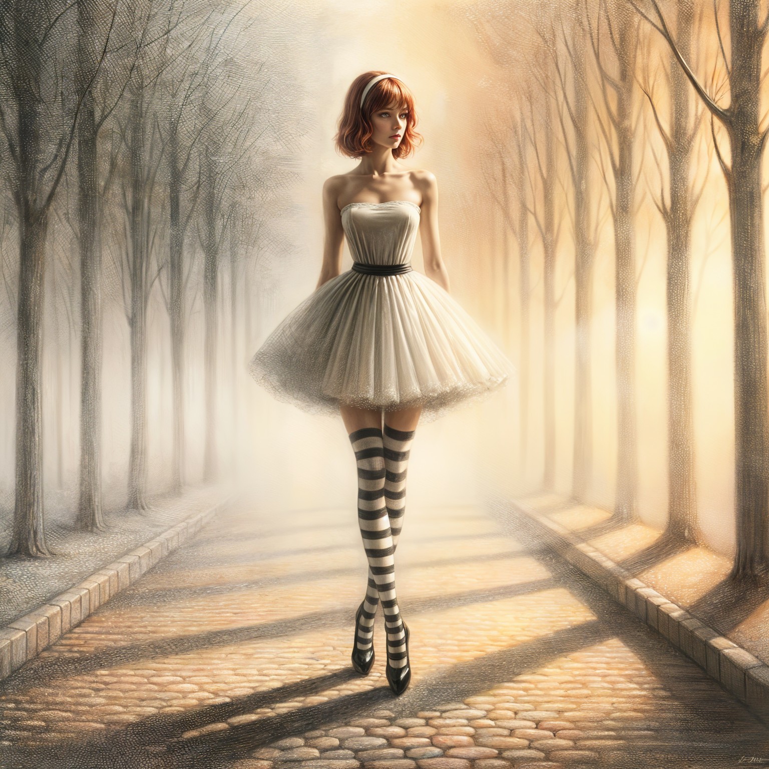 Surreal Scene of Woman in White Dress in Forest