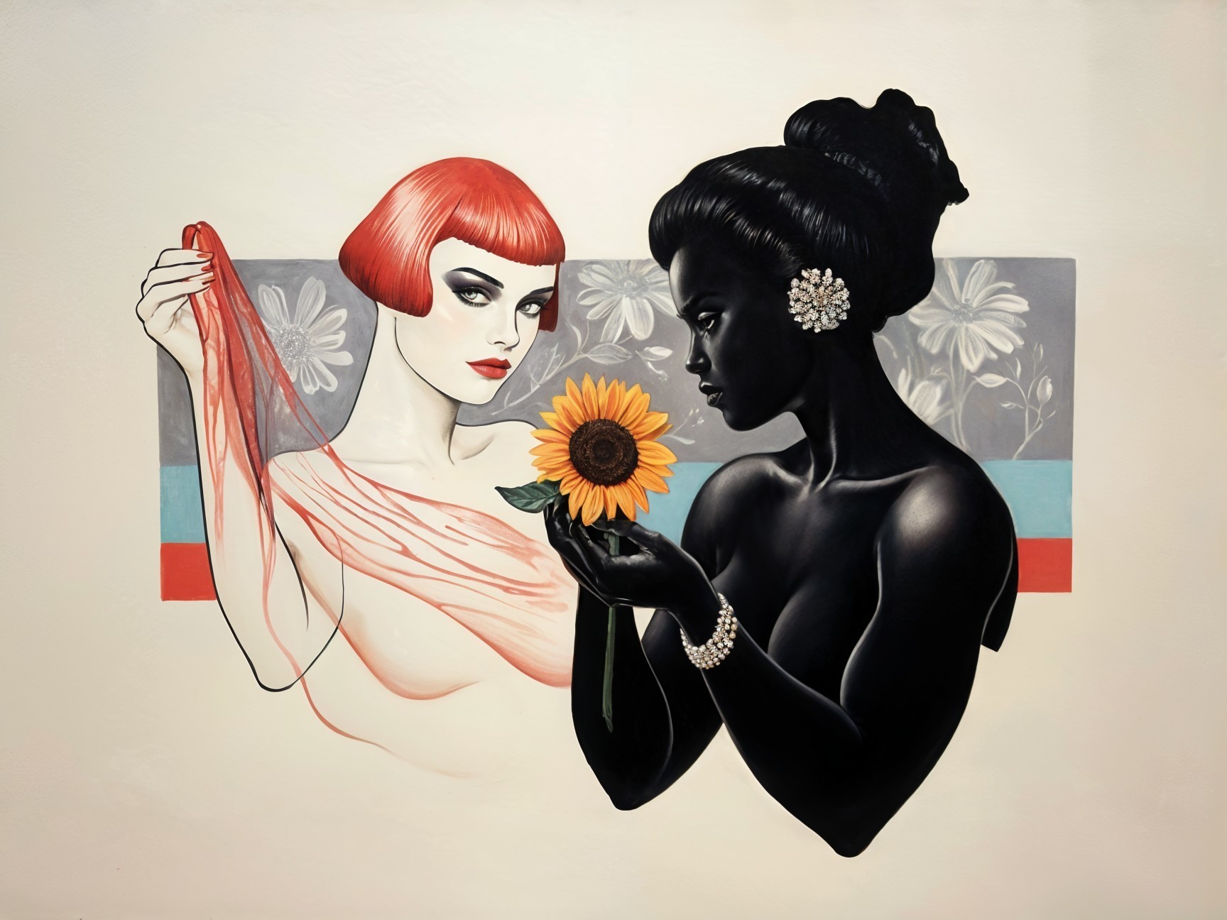 Women in Contrasting Styles with Floral Background