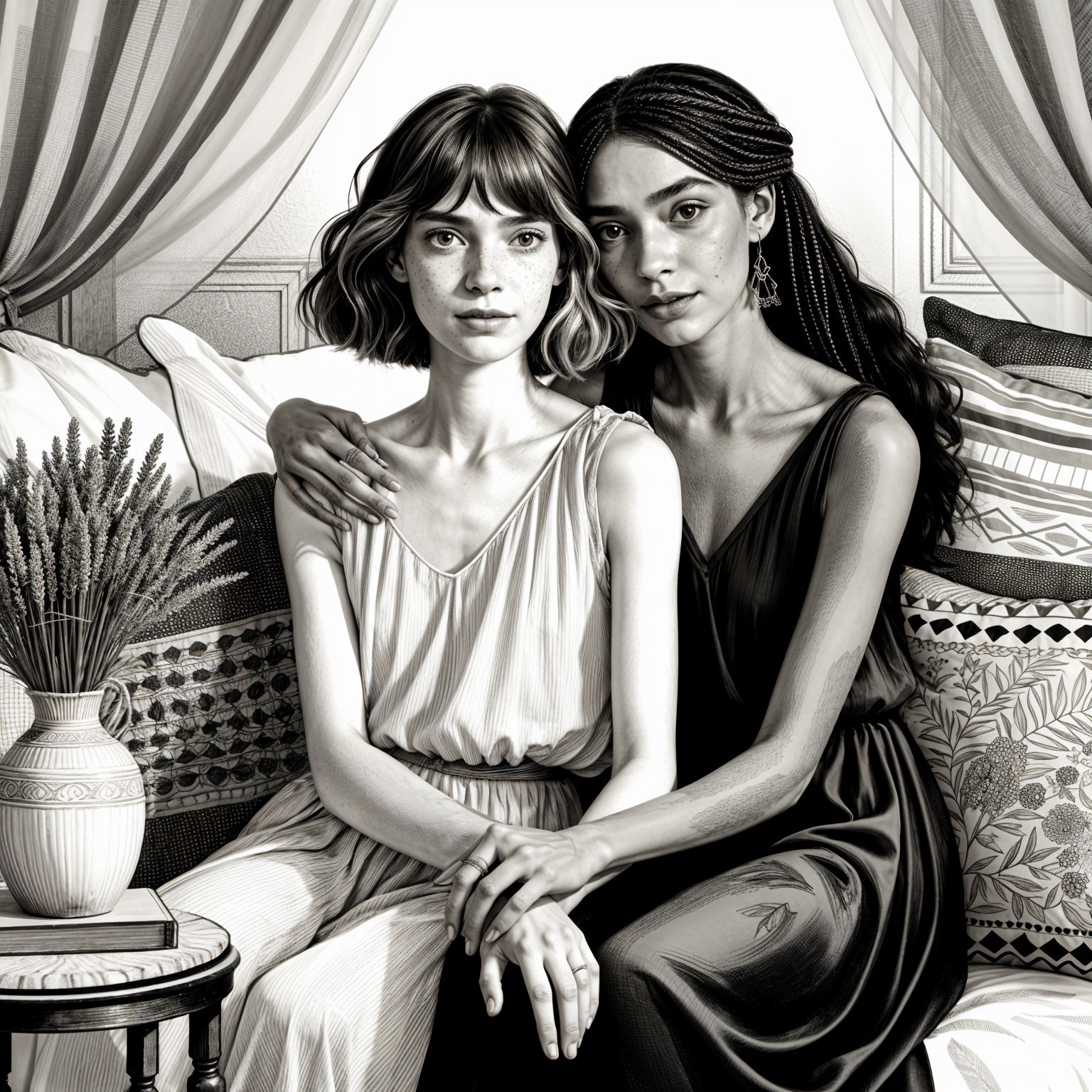 Two Women Seated on a Beautifully Adorned Sofa