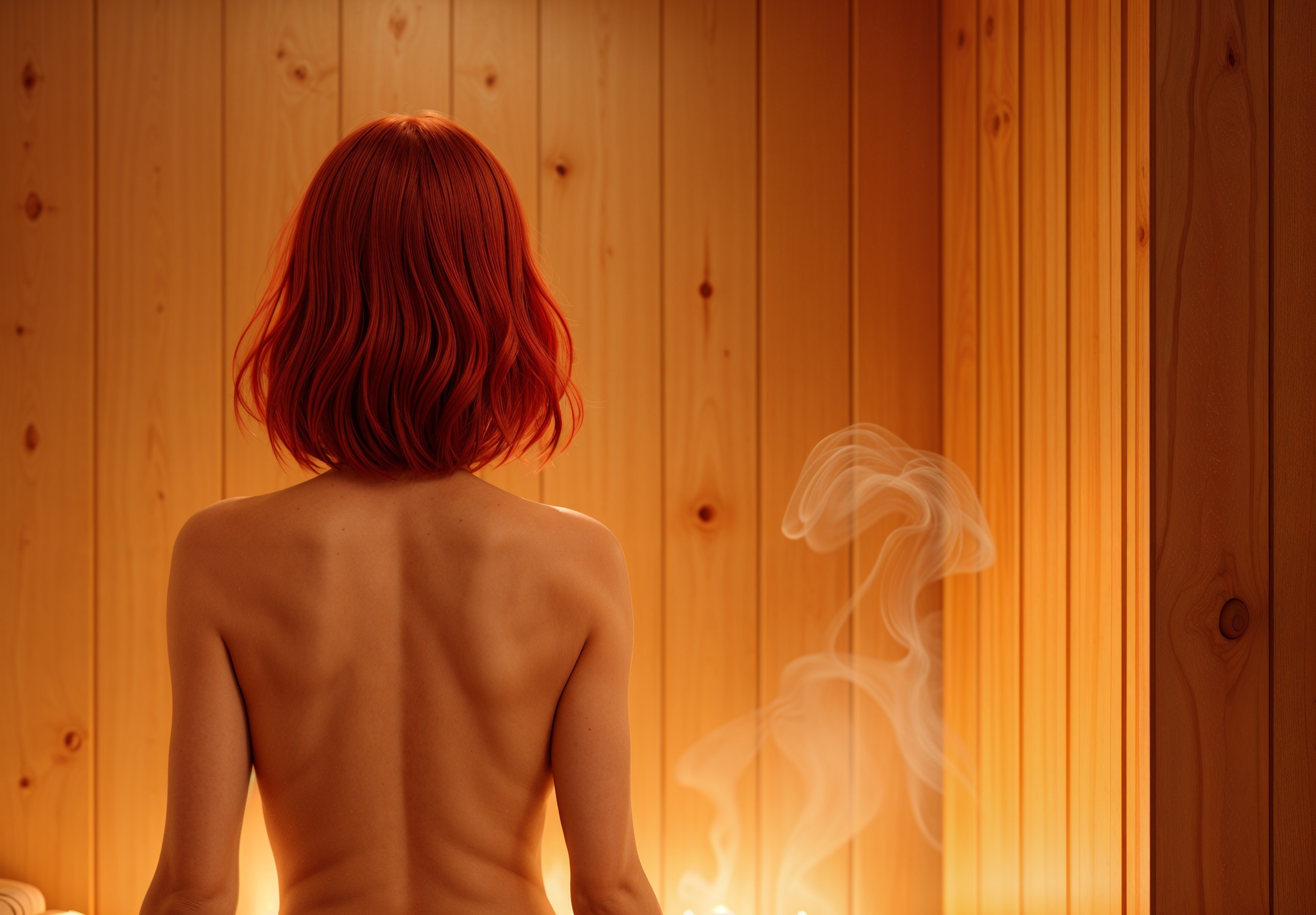 Person with Red Hair in a Serene Sauna Setting