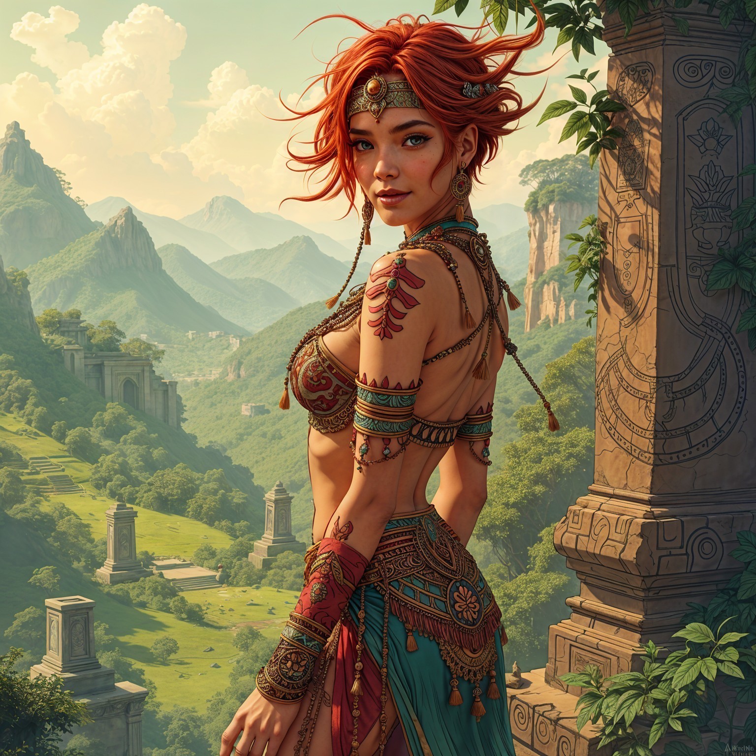 Woman with Red Hair in Mountainous Landscape