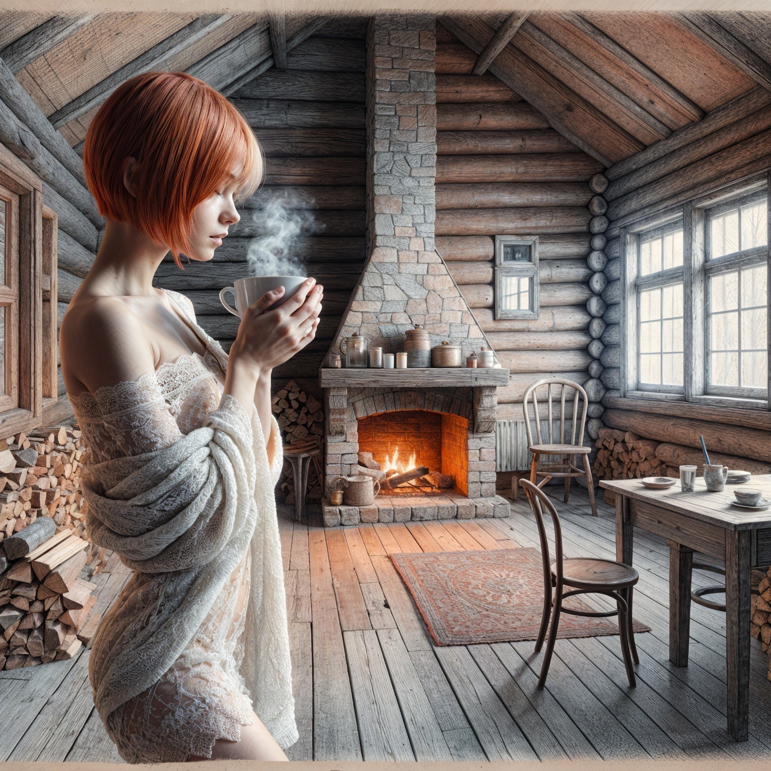 Cozy Log Cabin with Woman and Warm Fireplace