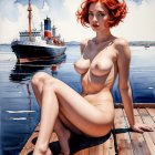 Young Woman in Yellow Swimsuit by Vintage Ship