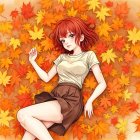 Young Woman Relaxing Among Autumn Leaves