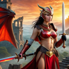 Fierce Warrior with Dragon at Sunset in Fantasy World
