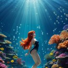 Vibrant Red-Haired Figure Swimming in Coral Reefs