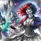 Woman with red hair by a serene river and mountains