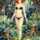 Beautiful Woman in Red Bikini in Mechanical Forest Scene