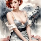 Woman in floral kimono with cherry blossoms backdrop