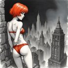 Lone Woman in Red Bikini Overlooking Cityscape