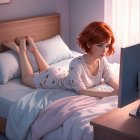 Young woman with red hair using computer in cozy room