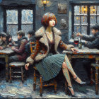 Elegant Woman with Red Hair in Cozy Bar Scene