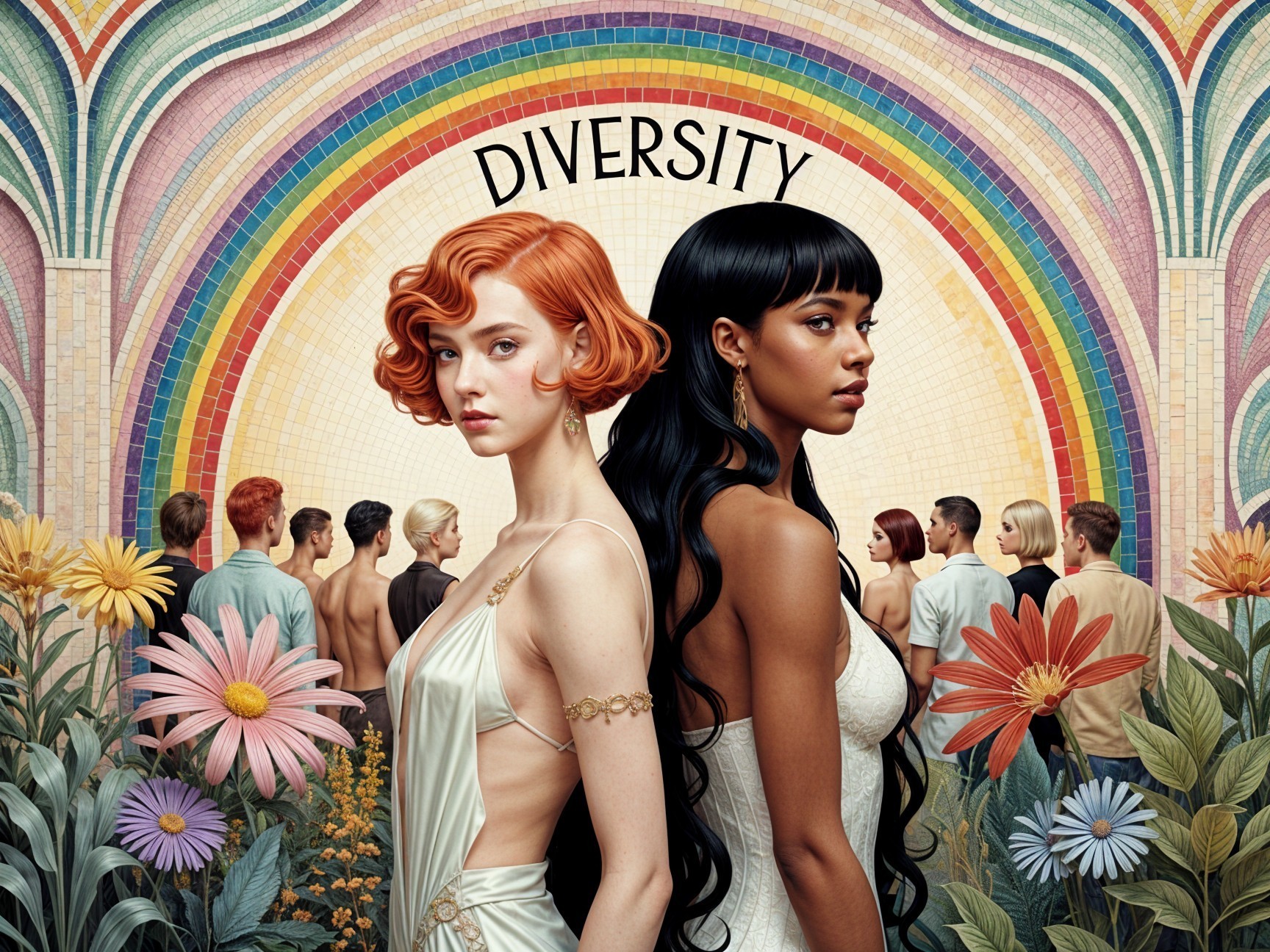 Women in contrasting outfits with diverse crowd and rainbow