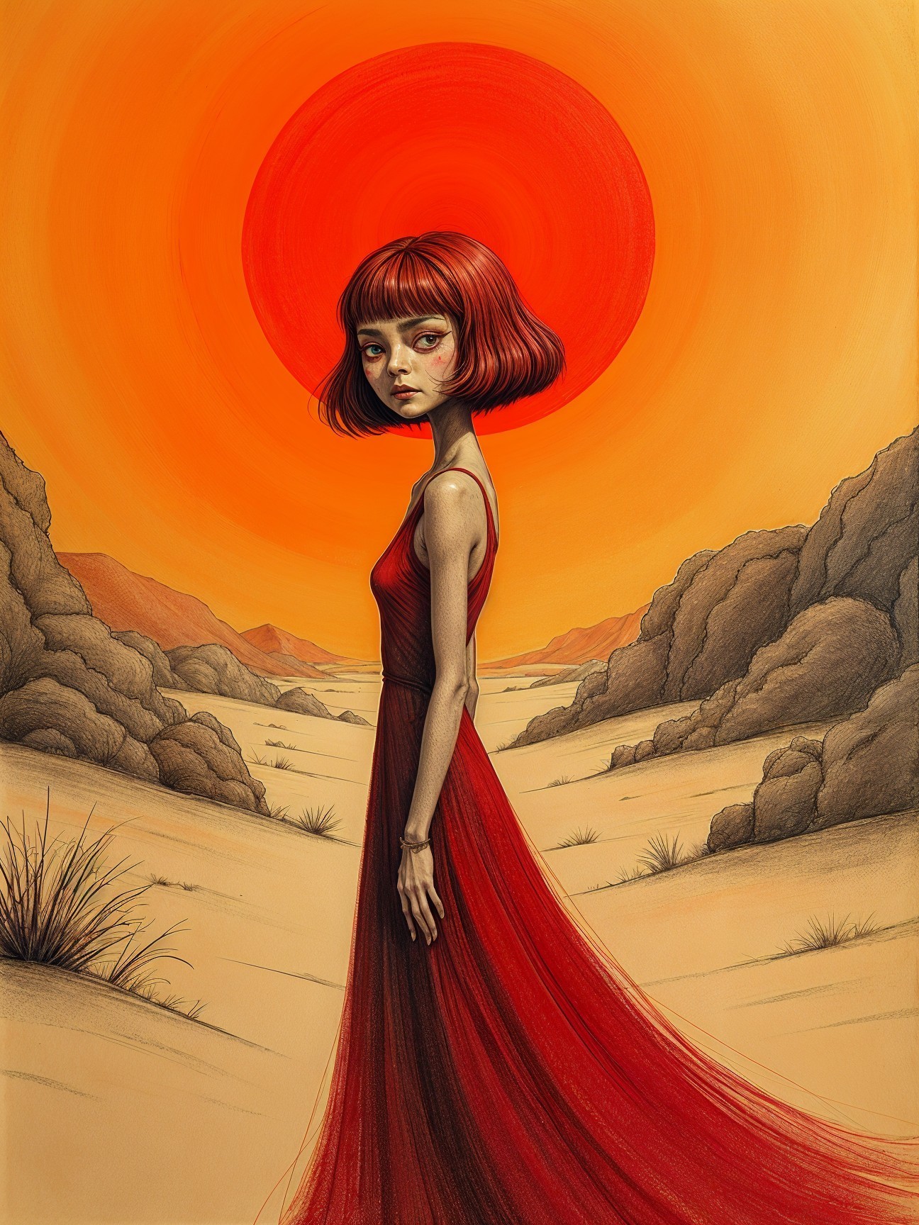 Young Woman in Red Dress Against Dramatic Landscape