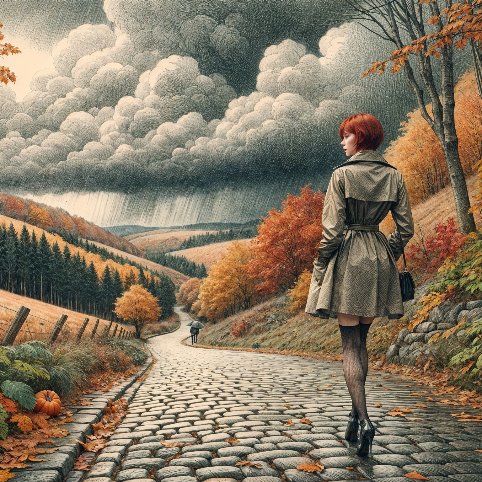 Woman in Trench Coat on Autumn Cobblestone Path
