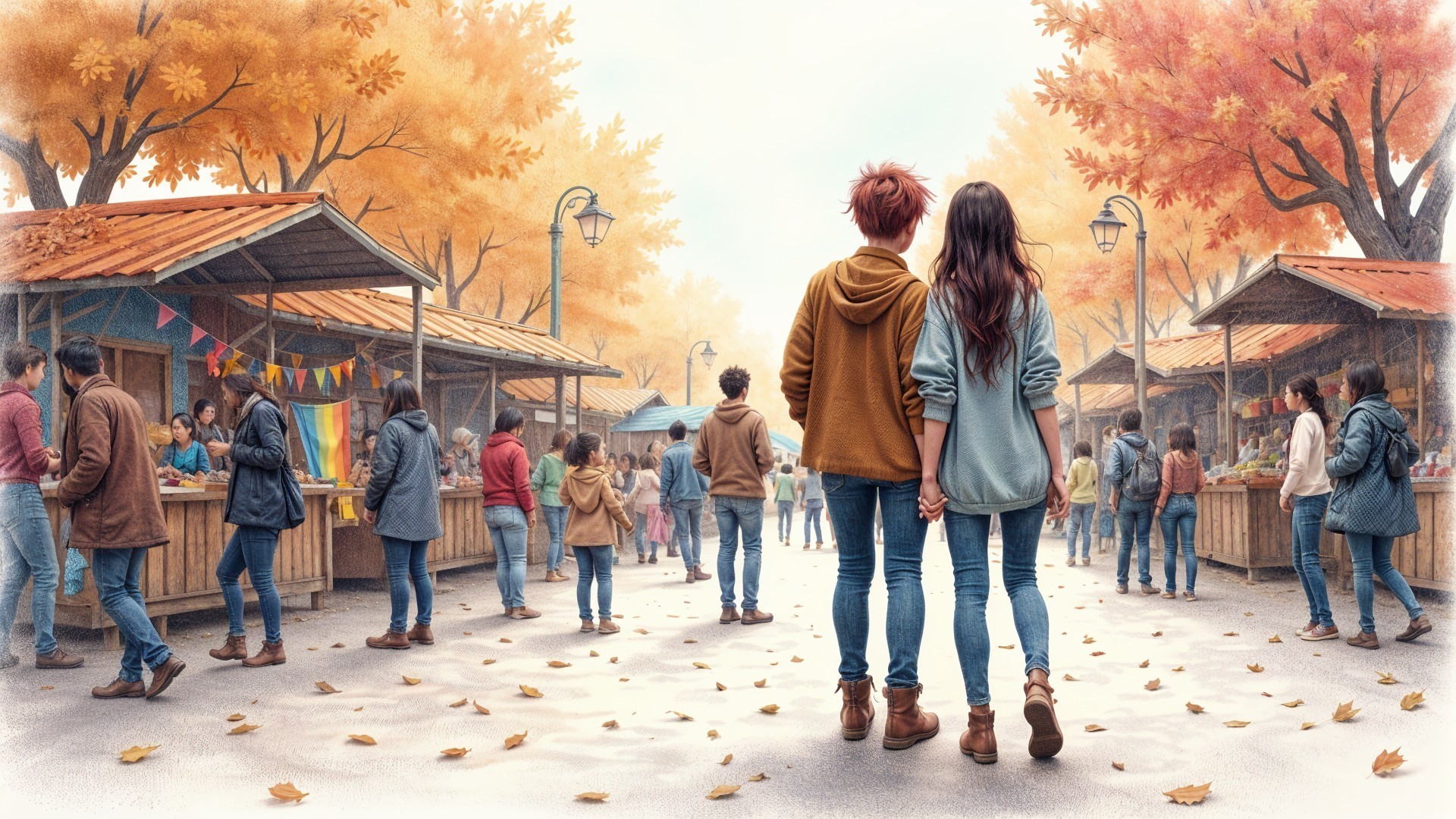 Autumn Market Scene with Colorful Decorations and Shoppers